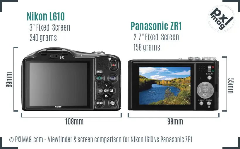 Nikon L610 vs Panasonic ZR1 Screen and Viewfinder comparison