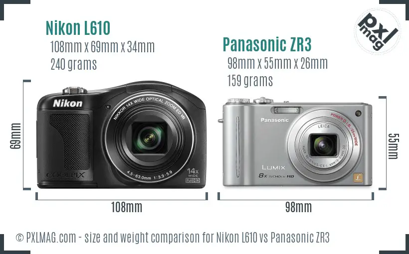 Nikon L610 vs Panasonic ZR3 size comparison Nikon L610 vs Panasonic ZR3 size comparison