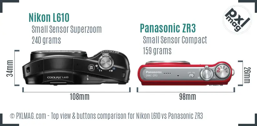 Nikon L610 vs Panasonic ZR3 top view buttons comparison Nikon L610 vs Panasonic ZR3 top view buttons comparison