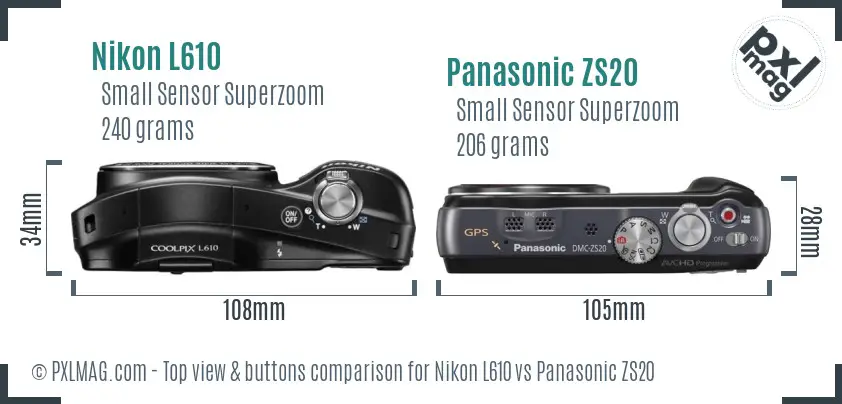 Nikon L610 vs Panasonic ZS20 top view buttons comparison Nikon L610 vs Panasonic ZS20 top view buttons comparison