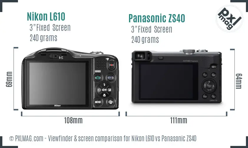Nikon L610 vs Panasonic ZS40 Screen and Viewfinder comparison