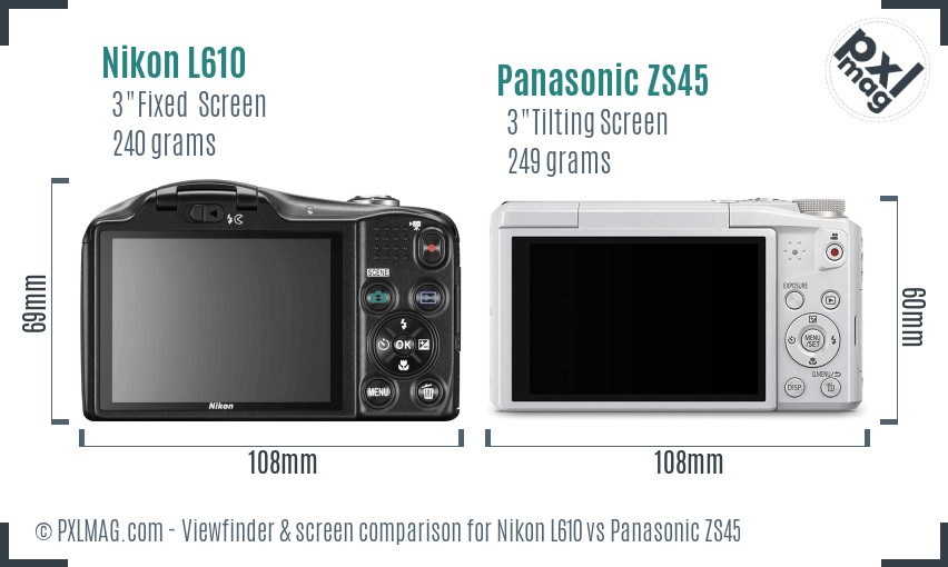Nikon L610 vs Panasonic ZS45 Screen and Viewfinder comparison