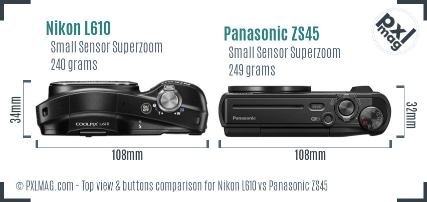 Nikon L610 vs Panasonic ZS45 top view buttons comparison
