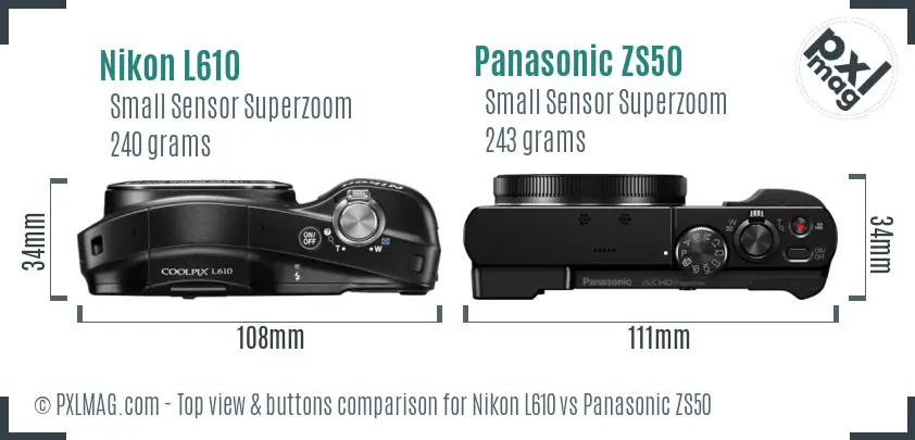 Nikon L610 vs Panasonic ZS50 top view buttons comparison Nikon L610 vs Panasonic ZS50 top view buttons comparison