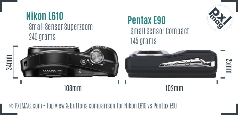 Nikon L610 vs Pentax E90 top view buttons comparison