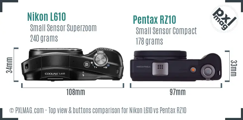 Nikon L610 vs Pentax RZ10 top view buttons comparison