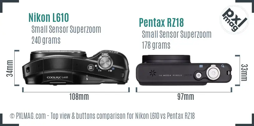 Nikon L610 vs Pentax RZ18 top view buttons comparison