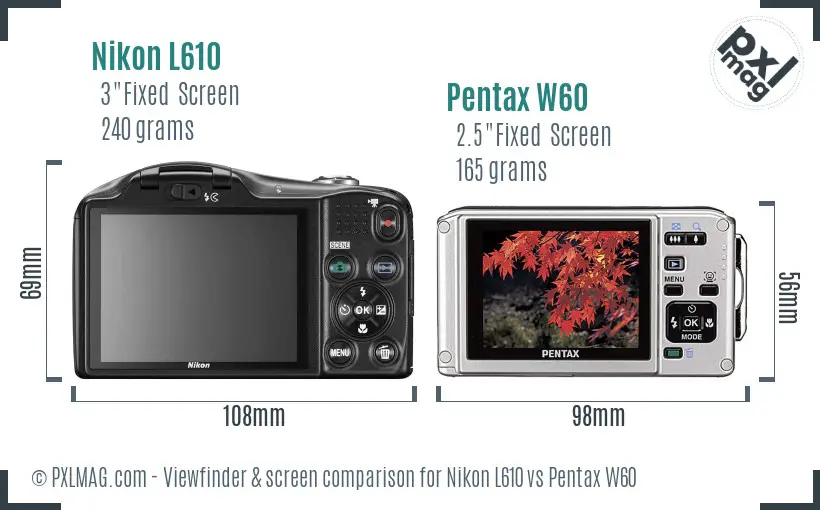 Nikon L610 vs Pentax W60 Screen and Viewfinder comparison Nikon L610 vs Pentax W60 Screen and Viewfinder comparison