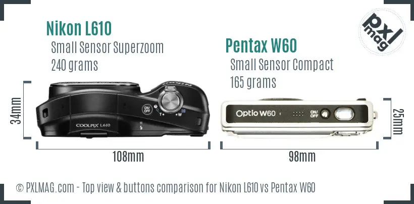 Nikon L610 vs Pentax W60 top view buttons comparison Nikon L610 vs Pentax W60 top view buttons comparison