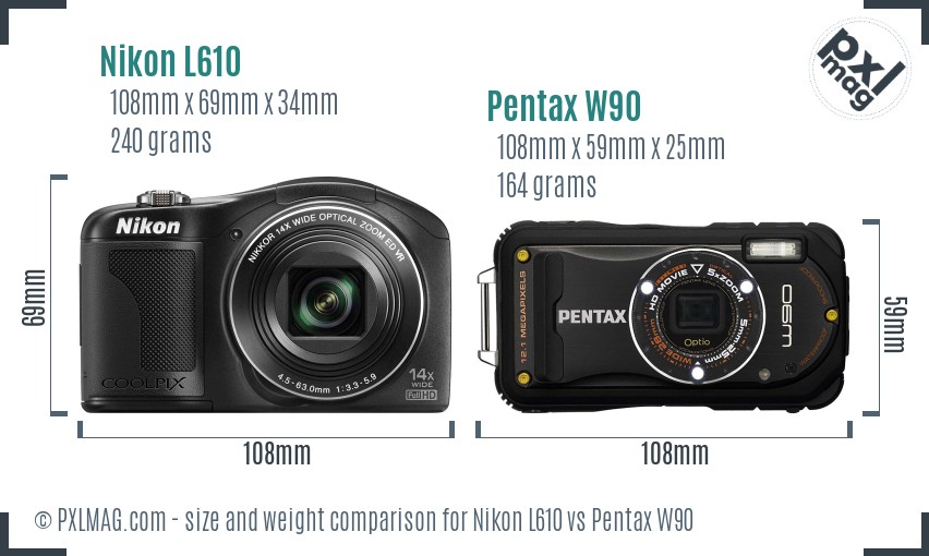 Nikon L610 vs Pentax W90 size comparison