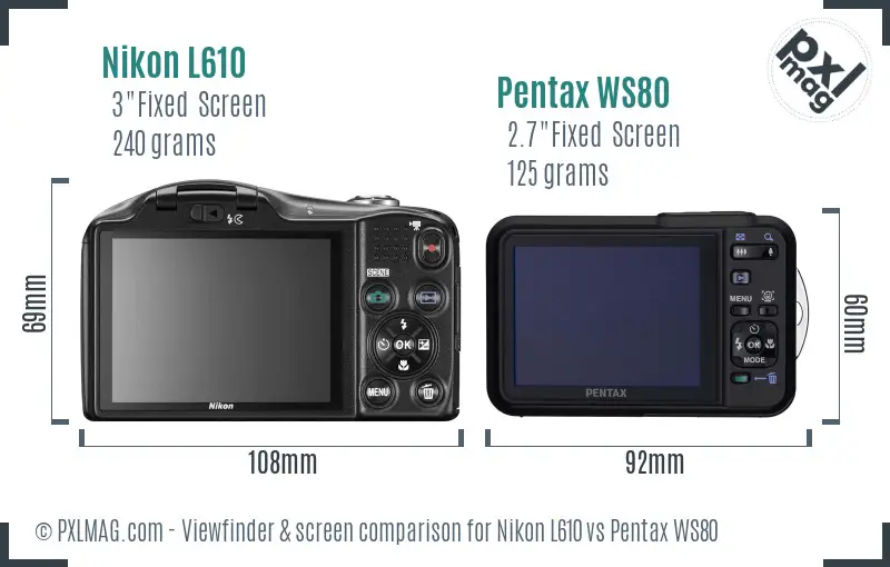 Nikon L610 vs Pentax WS80 Screen and Viewfinder comparison