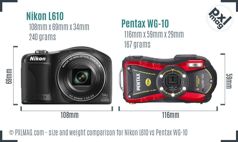 Nikon L610 vs Pentax WG-10 size comparison