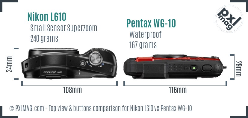 Nikon L610 vs Pentax WG-10 top view buttons comparison