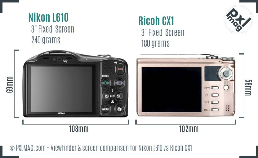 Nikon L610 vs Ricoh CX1 Screen and Viewfinder comparison