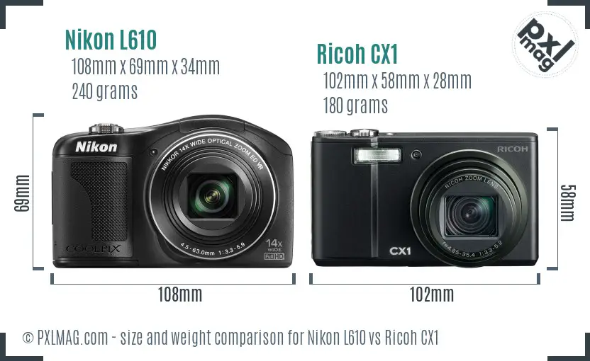 Nikon L610 vs Ricoh CX1 size comparison