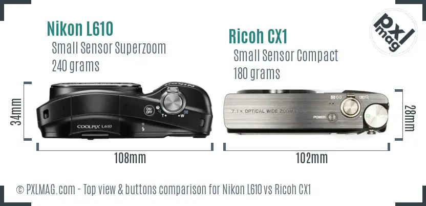 Nikon L610 vs Ricoh CX1 top view buttons comparison