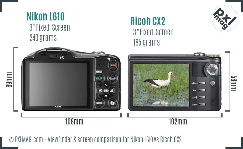 Nikon L610 vs Ricoh CX2 Screen and Viewfinder comparison