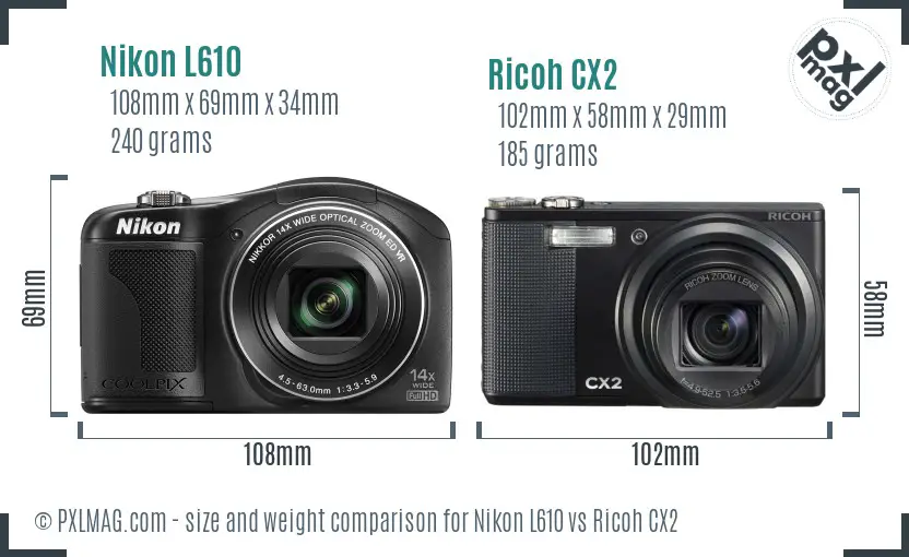 Nikon L610 vs Ricoh CX2 size comparison