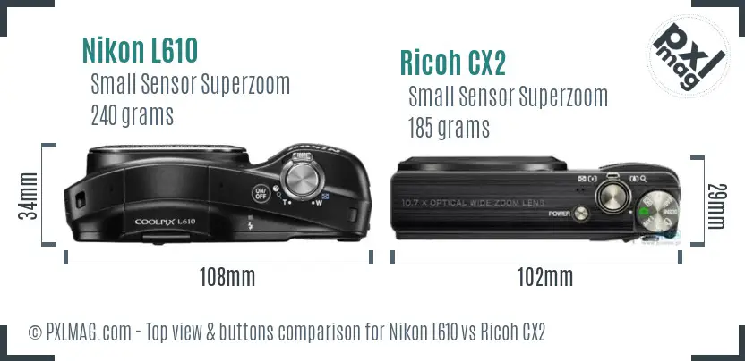 Nikon L610 vs Ricoh CX2 top view buttons comparison