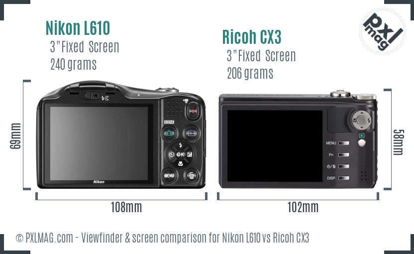 Nikon L610 vs Ricoh CX3 Screen and Viewfinder comparison