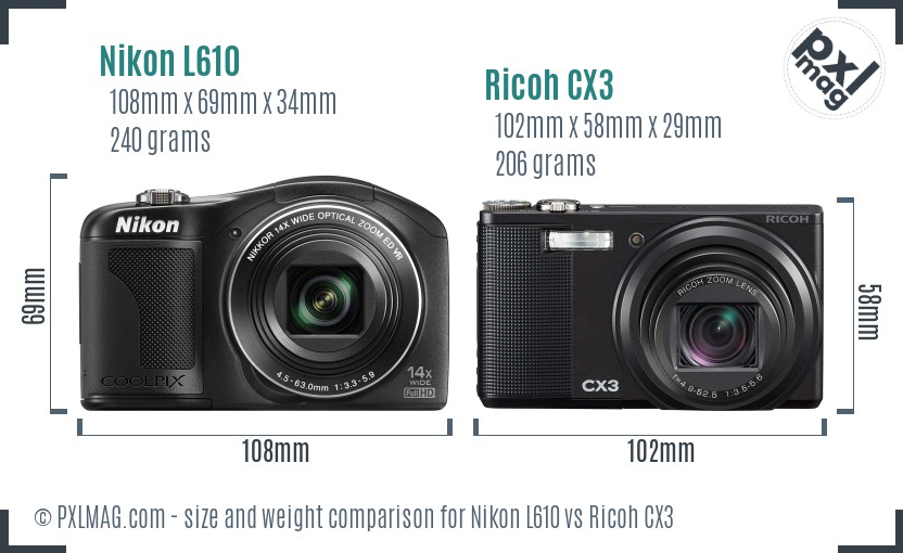 Nikon L610 vs Ricoh CX3 size comparison