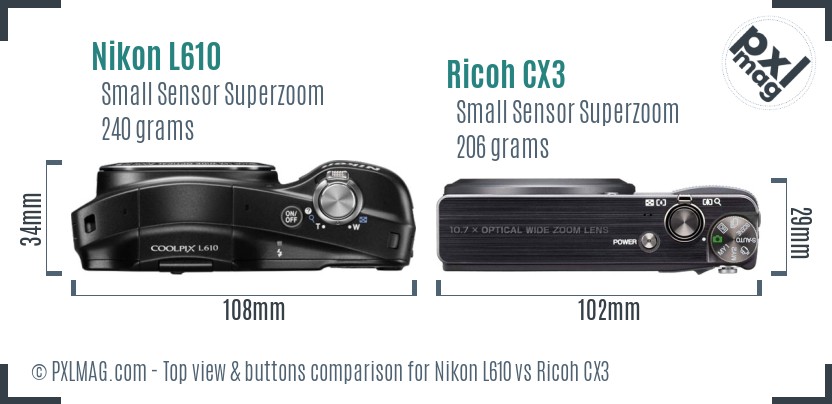 Nikon L610 vs Ricoh CX3 top view buttons comparison