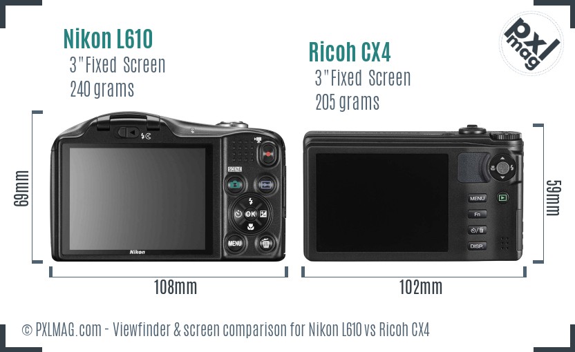 Nikon L610 vs Ricoh CX4 Screen and Viewfinder comparison