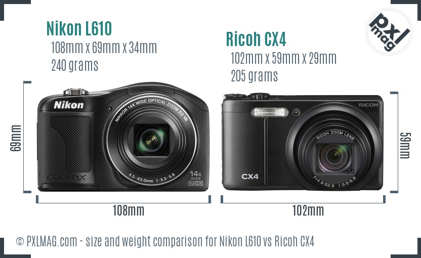 Nikon L610 vs Ricoh CX4 size comparison