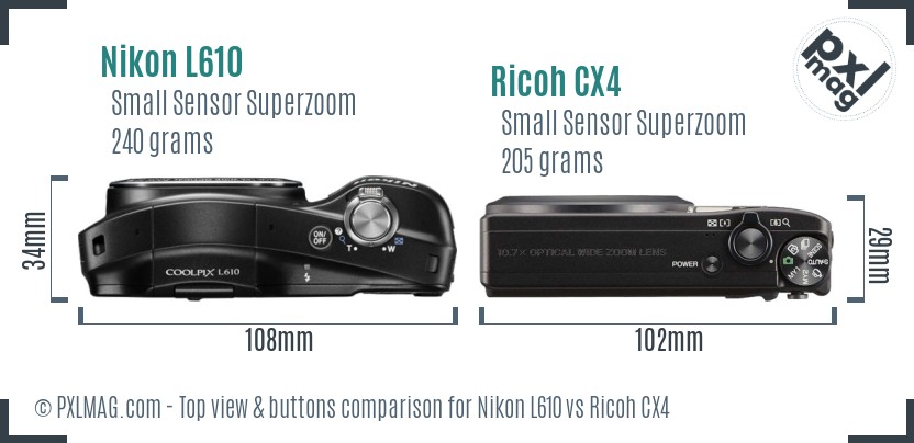 Nikon L610 vs Ricoh CX4 top view buttons comparison
