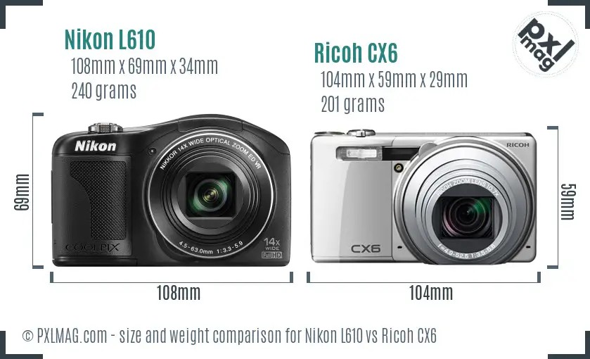 Nikon L610 vs Ricoh CX6 size comparison Nikon L610 vs Ricoh CX6 size comparison