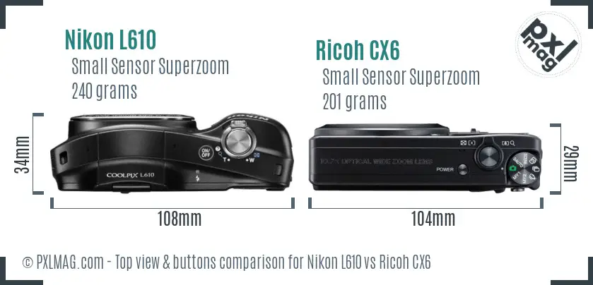 Nikon L610 vs Ricoh CX6 top view buttons comparison Nikon L610 vs Ricoh CX6 top view buttons comparison