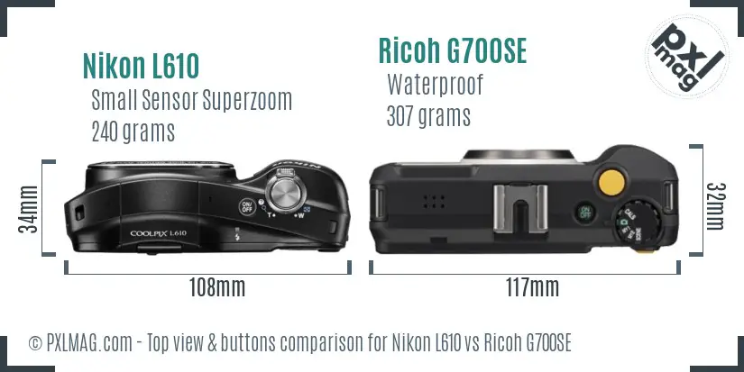 Nikon L610 vs Ricoh G700SE top view buttons comparison Nikon L610 vs Ricoh G700SE top view buttons comparison