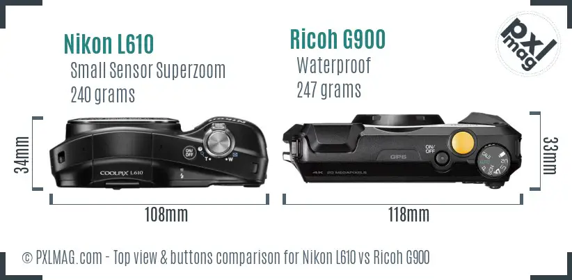 Nikon L610 vs Ricoh G900 top view buttons comparison