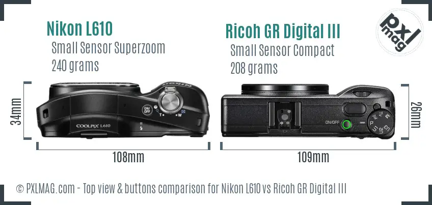 Nikon L610 vs Ricoh GR Digital III top view buttons comparison Nikon L610 vs Ricoh GR Digital III top view buttons comparison