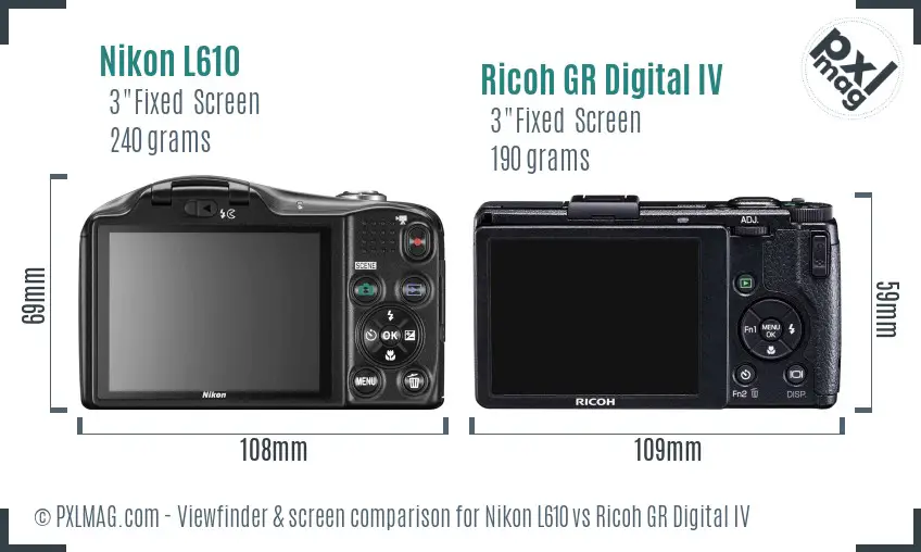 Nikon L610 vs Ricoh GR Digital IV Screen and Viewfinder comparison
