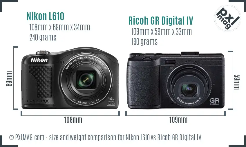 Nikon L610 vs Ricoh GR Digital IV size comparison
