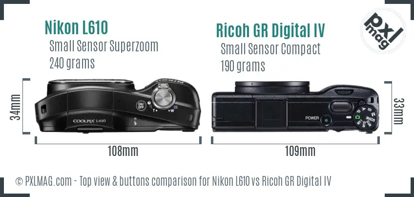 Nikon L610 vs Ricoh GR Digital IV top view buttons comparison
