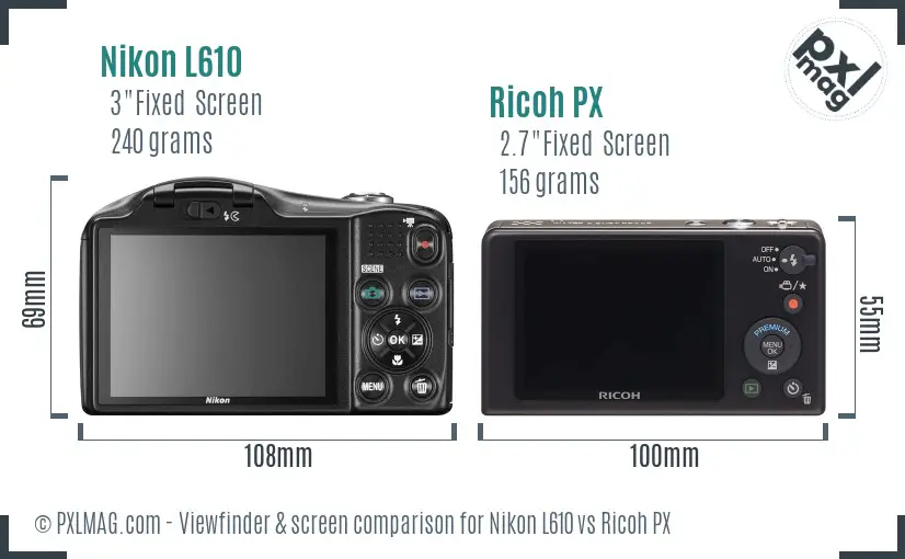 Nikon L610 vs Ricoh PX Screen and Viewfinder comparison