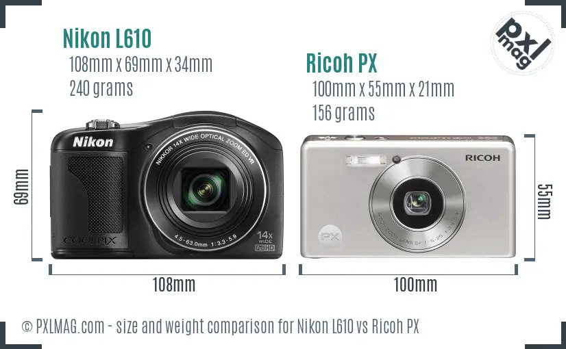 Nikon L610 vs Ricoh PX size comparison