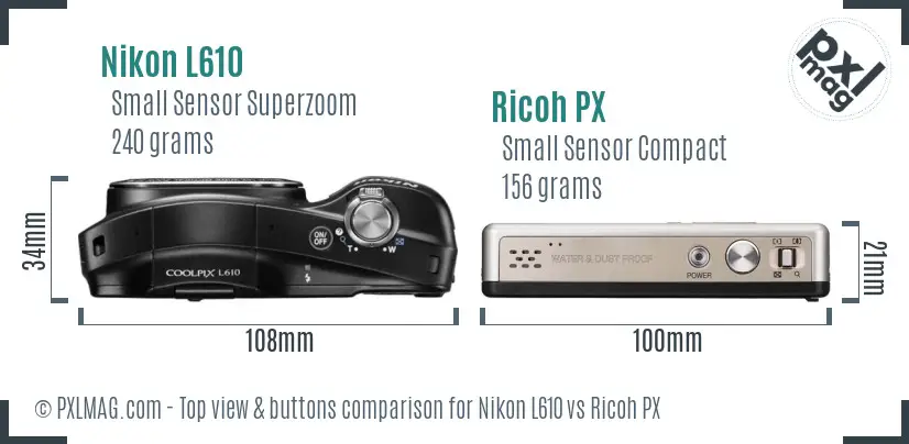 Nikon L610 vs Ricoh PX top view buttons comparison