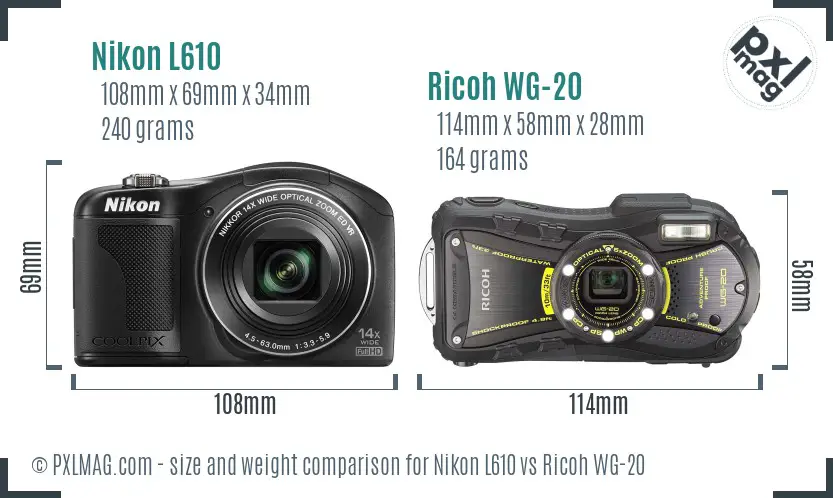 Nikon L610 vs Ricoh WG-20 size comparison