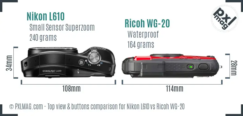 Nikon L610 vs Ricoh WG-20 top view buttons comparison