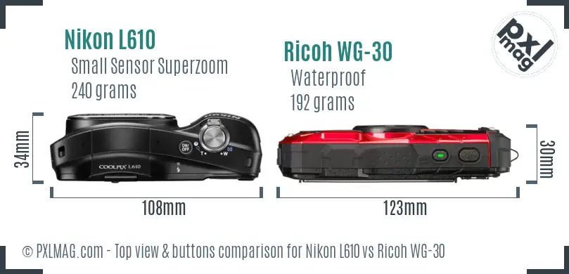 Nikon L610 vs Ricoh WG-30 top view buttons comparison Nikon L610 vs Ricoh WG-30 top view buttons comparison