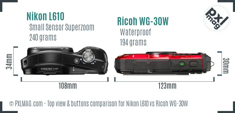 Nikon L610 vs Ricoh WG-30W top view buttons comparison Nikon L610 vs Ricoh WG-30W top view buttons comparison