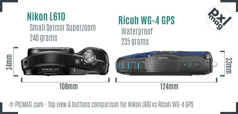 Nikon L610 vs Ricoh WG-4 GPS top view buttons comparison