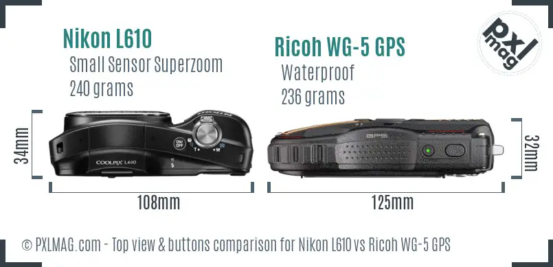 Nikon L610 vs Ricoh WG-5 GPS top view buttons comparison