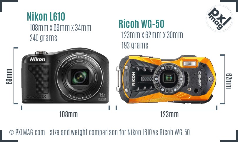 Nikon L610 vs Ricoh WG-50 size comparison