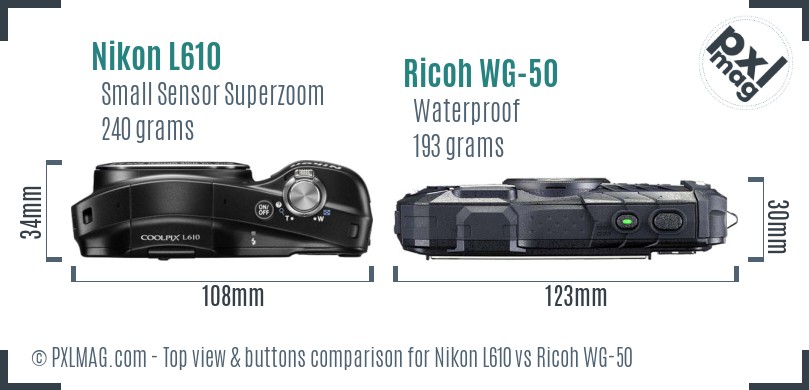 Nikon L610 vs Ricoh WG-50 top view buttons comparison