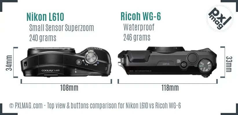 Nikon L610 vs Ricoh WG-6 top view buttons comparison