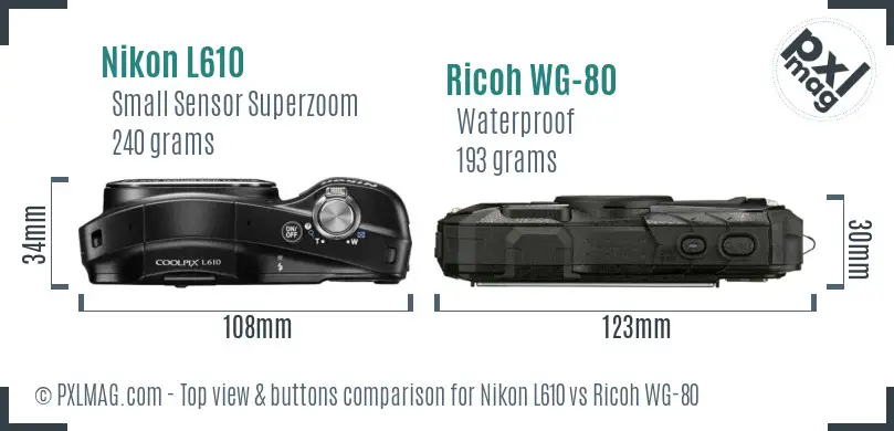Nikon L610 vs Ricoh WG-80 top view buttons comparison